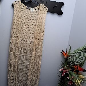 Helen Blake Boho Beige Crochet Open Front Sleeveless Cardigan Size XL
